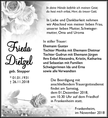 Traueranzeige von Frieda Dietzel von Südthüringer Presse