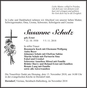 Traueranzeige von Susanne Schulz von Südthüringer Presse