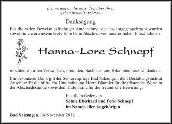 Traueranzeige von Hanna-Lore Schnepf von Südthüringer Presse