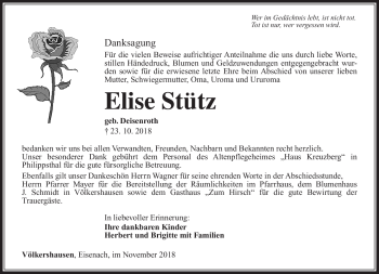 Traueranzeige von Elise Stütz von Südthüringer Presse