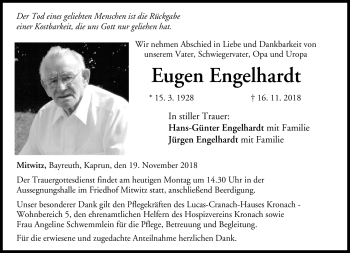 Traueranzeige von Eugen Engelhardt von Neue Presse Coburg