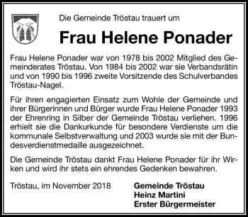 Traueranzeige von Helene Ponader von Frankenpost