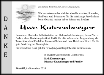 Traueranzeige von Uwe Katzenberger von Südthüringer Presse