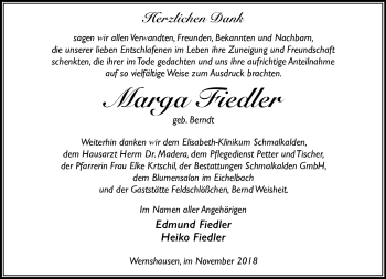 Traueranzeige von Marga Fiedler von Südthüringer Presse