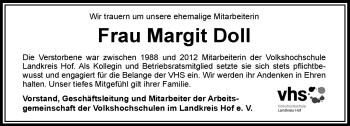 Traueranzeige von Margit Doll von Frankenpost