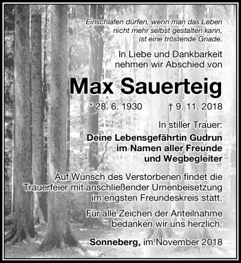 Traueranzeige von Max Sauerteig von Südthüringer Presse