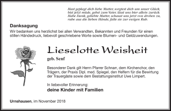 Traueranzeige von Lieselotte Weisheit von Südthüringer Presse