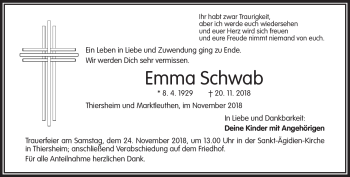 Traueranzeige von Emma Schwab von Frankenpost