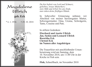 Traueranzeige von Magdalene Ullrich von Südthüringer Presse
