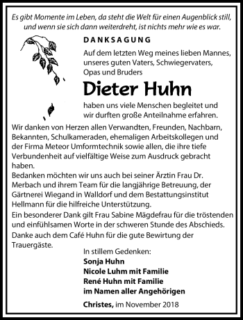 Traueranzeige von Dieter Huhn von Südthüringer Presse