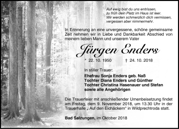 Traueranzeige von Jürgen Enders von Südthüringer Presse