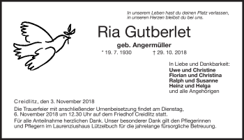 Traueranzeige von Ria Gutberlet von Neue Presse Coburg