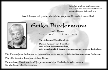 Traueranzeige von Erika Biedermann von Frankenpost