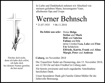 Traueranzeige von Werner Behnsch von Neue Presse Coburg