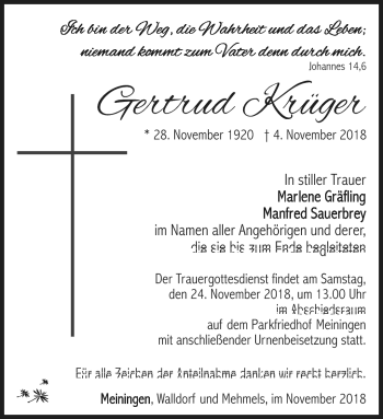 Traueranzeige von Gertrud Krüger von Südthüringer Presse