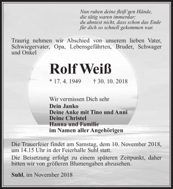 Traueranzeige von Rolf Weiß von Südthüringer Presse