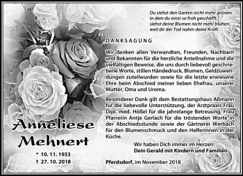 Traueranzeige von Anneliese Mehnert von Südthüringer Presse