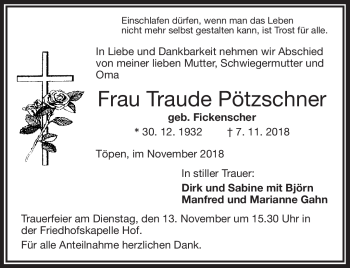 Traueranzeige von Traude Pötzschner von Frankenpost
