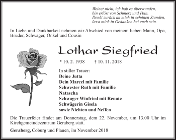 Traueranzeige von Lothar Siegfried von Südthüringer Presse