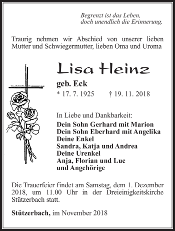 Traueranzeige von Lisa Heinz von Südthüringer Presse