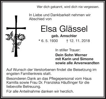 Traueranzeige von Elsa Glässel von Frankenpost