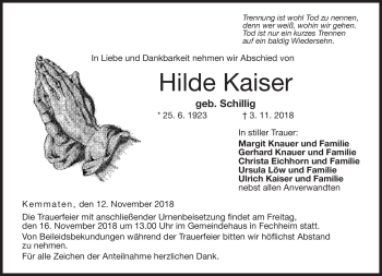 Traueranzeige von Hilde Kaiser von Neue Presse Coburg