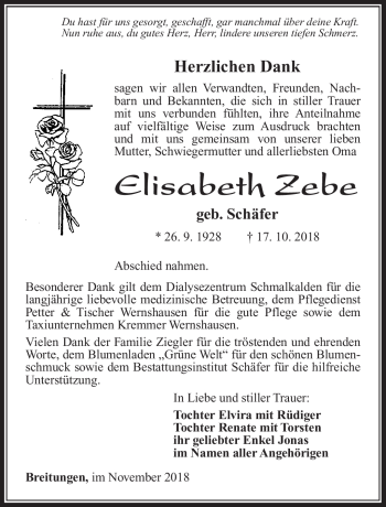 Traueranzeige von Elisabeth Zebe von Südthüringer Presse