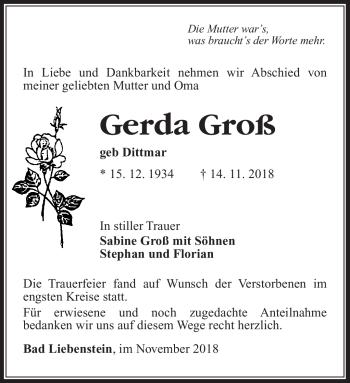Traueranzeige von Gerda Groß von Südthüringer Presse