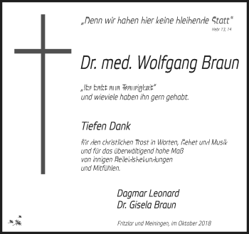 Traueranzeige von Dr.Hans Wolfgang Braun von Südthüringer Presse