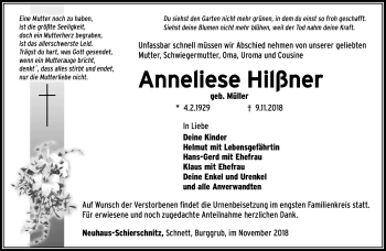 Traueranzeige von Anneliese Hilßner von Südthüringer Presse