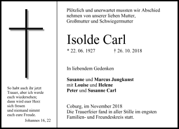Traueranzeige von Isolde Carl von Neue Presse Coburg