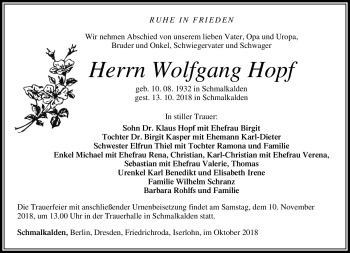 Traueranzeige von Wolfgang Hopf von Südthüringer Presse