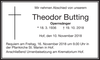 Traueranzeige von Theodor Butting von Frankenpost