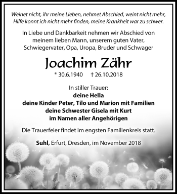 Traueranzeige von Joachim Zähr von Südthüringer Presse
