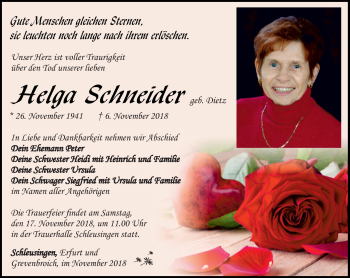Traueranzeige von Helga Schneider von Südthüringer Presse