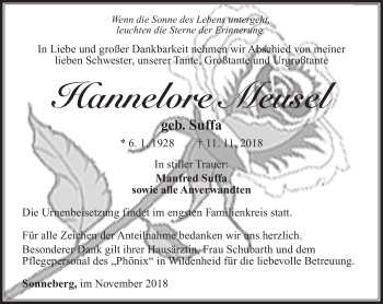 Traueranzeige von Hannelore Meusel von Südthüringer Presse