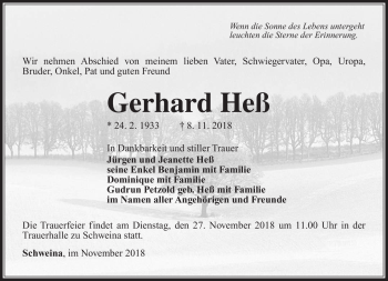 Traueranzeige von Gerhard Heß von Südthüringer Presse