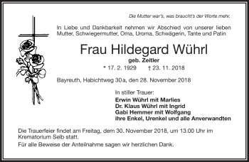 Traueranzeige von Hildegard Wührl von Frankenpost
