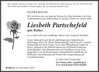 Traueranzeige von Liesbeth Partschefeld von Südthüringer Presse