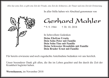 Traueranzeige von Gerhard Mahler von Südthüringer Presse