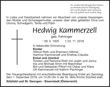 Traueranzeige von Hedwig Kammerzell von Südthüringer Presse