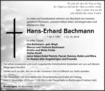 Traueranzeige von Hans-Erhard Bachmann von Südthüringer Presse