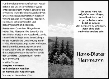 Traueranzeige von Hans-Dieter Herrmann von Südthüringer Presse