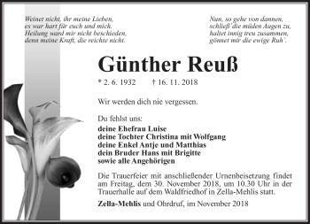 Traueranzeige von Günther Reuß von Südthüringer Presse