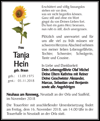 Traueranzeige von Tanja Hein von Südthüringer Presse