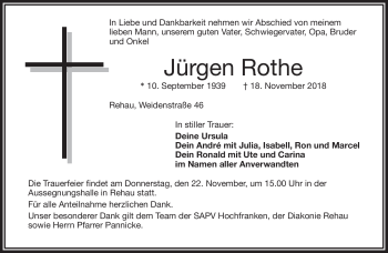 Traueranzeige von Jürgen Rothe von Frankenpost