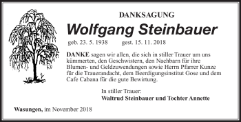 Traueranzeige von Wolfgang Steinbauer von Südthüringer Presse