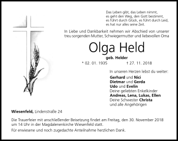Traueranzeige von Olga Held von Neue Presse Coburg