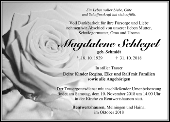 Traueranzeige von Madalene Schlegel von Südthüringer Presse