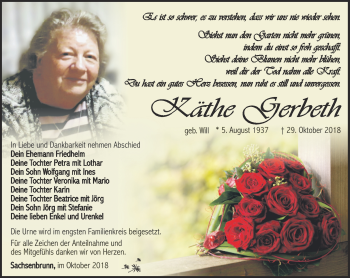 Traueranzeige von Käthe Gerbeth von Südthüringer Presse